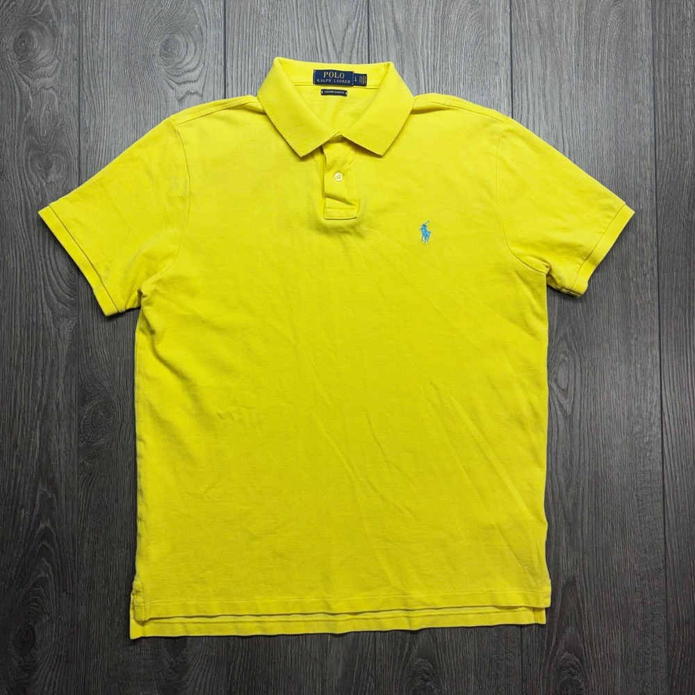 Polo Ralph Lauren Mens Large Custom Slim Fit Polo Shirt Yellow Blue Pony y2k